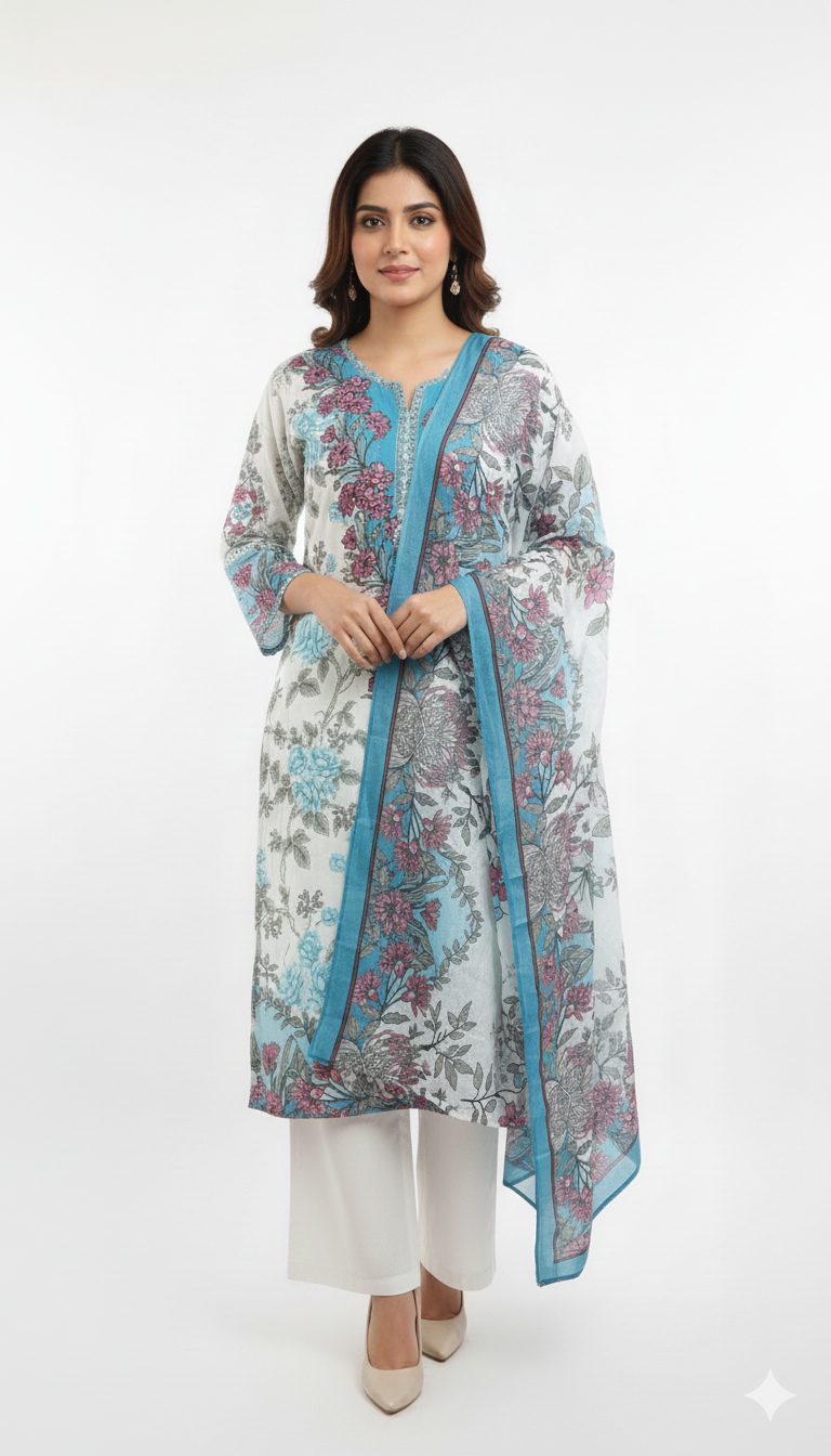 Pakistani dress cream and sky blue