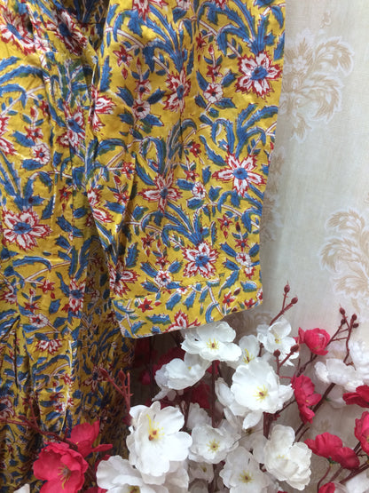 Yellow & Blue Floral Printed Kurti with Tie-Up Waist