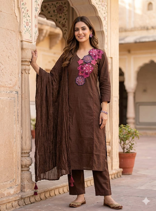 Alfiya Brown Embroidered 3-Piece Suit Set