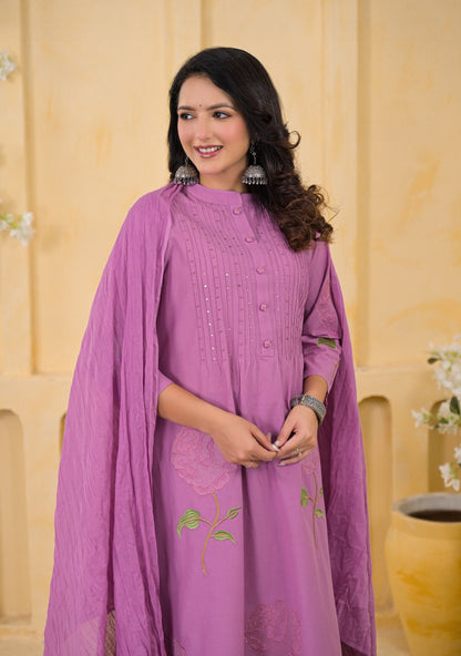 Fatema Pastel Mauve Cotton Kurta Set pleated yoke