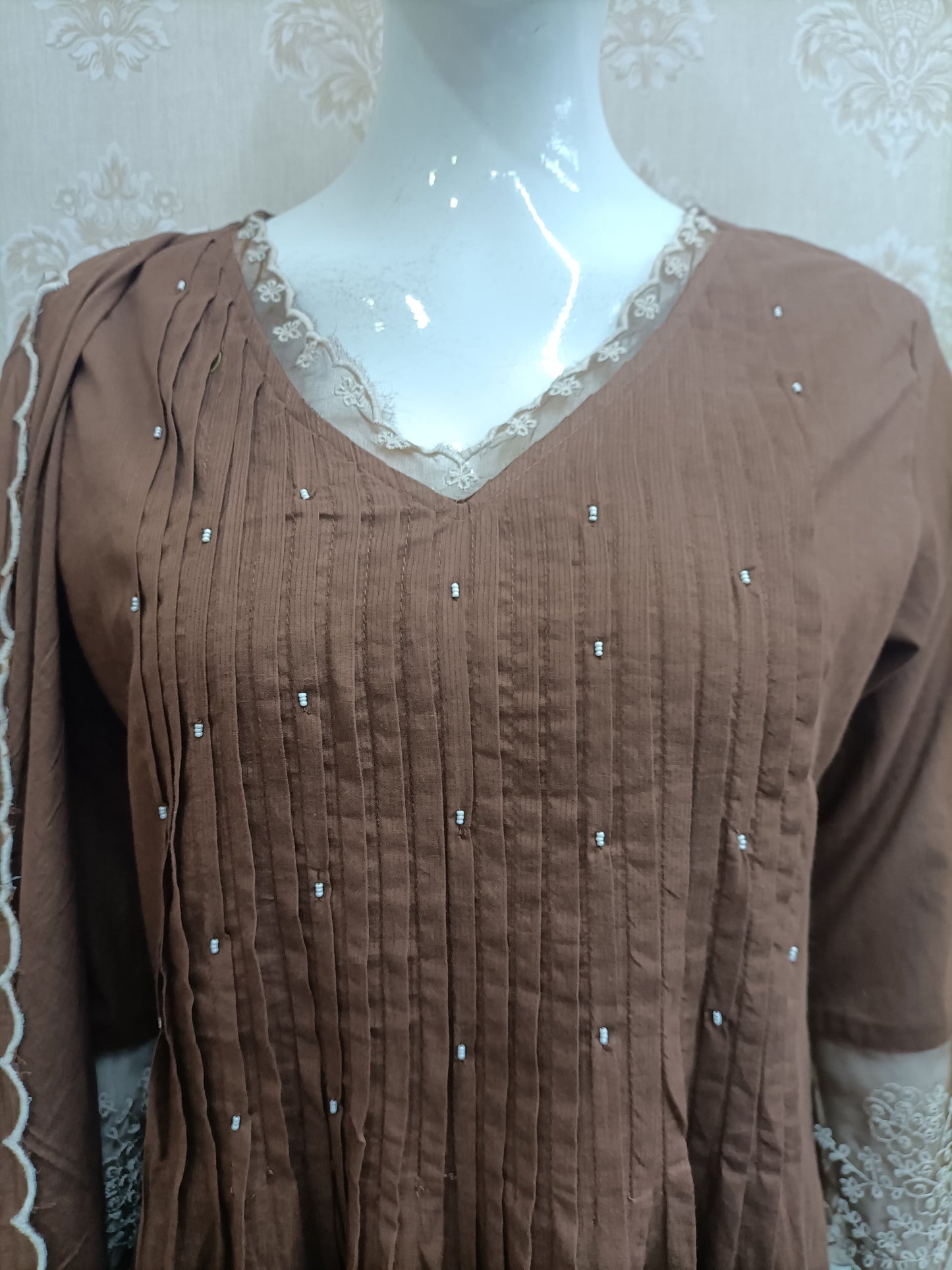 Rich Brown Embroidered Cotton Kurta Set with Dupatta