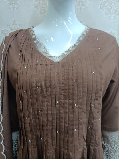 Rich Brown Embroidered Cotton Kurta Set with Dupatta