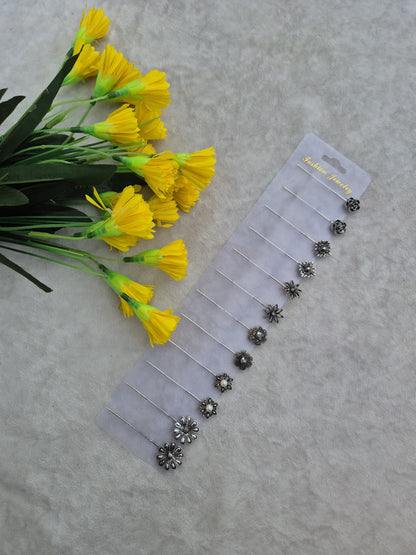 Antique Silver Floral Hijab & Scarf Pin Set – 12 Piece Vintage Collection