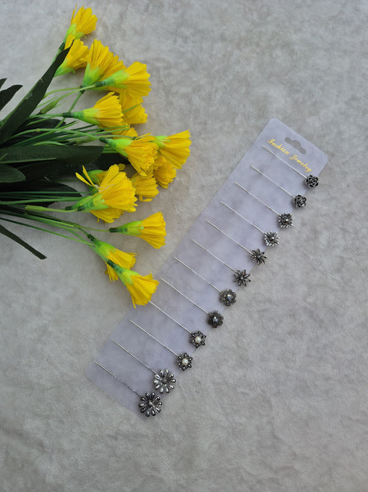 Antique Silver Floral Hijab & Scarf Pin Set – 12 Piece Vintage Collection
