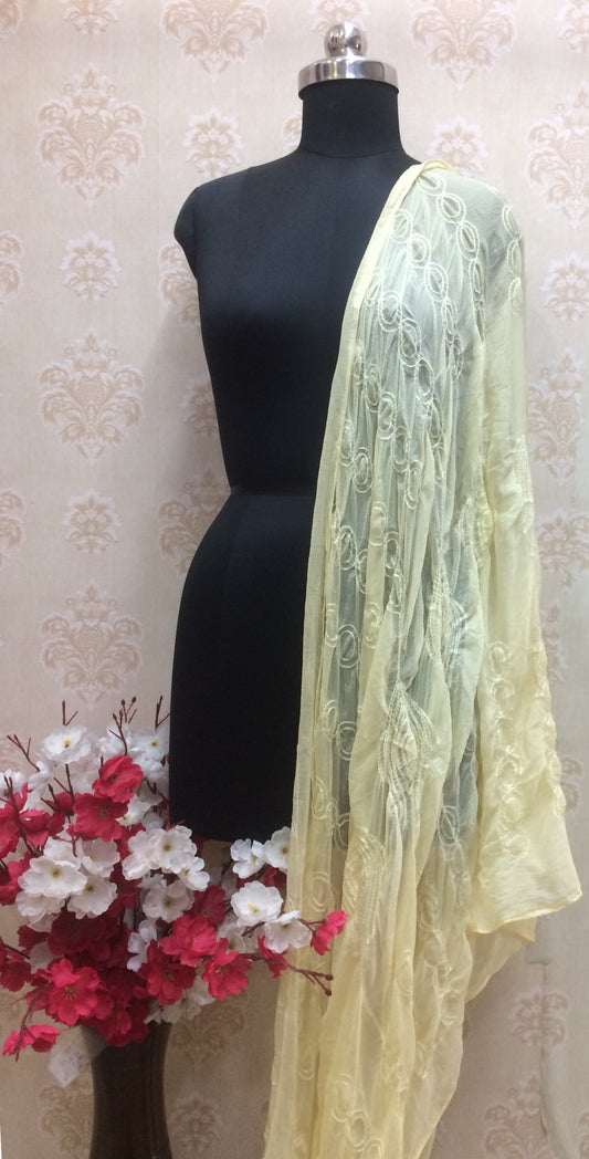 Soft Pastel Yellow Dupatta with All-Over Floral Threadwork