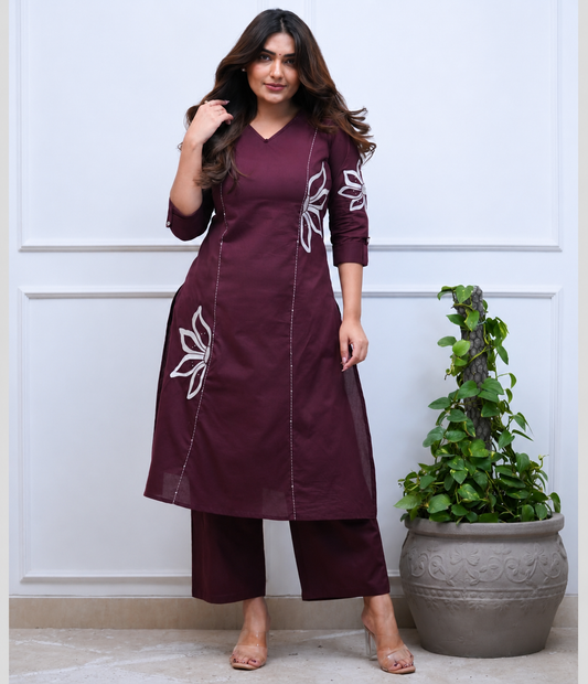 Nafisa Maroon Floral Printed Kurta & Palazzo Set