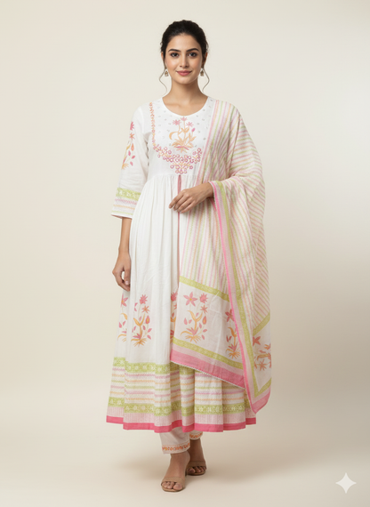 white embroiderd gown with cotton dupatta