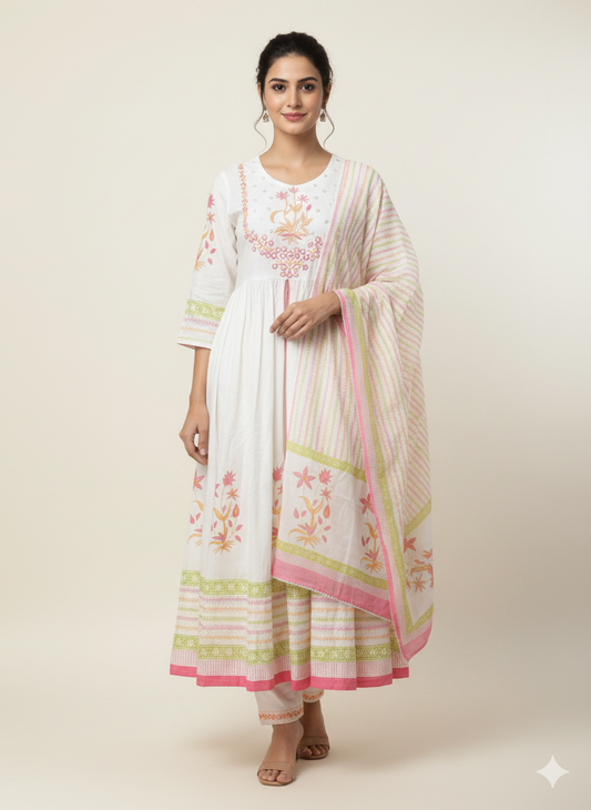 white embroiderd gown with cotton dupatta
