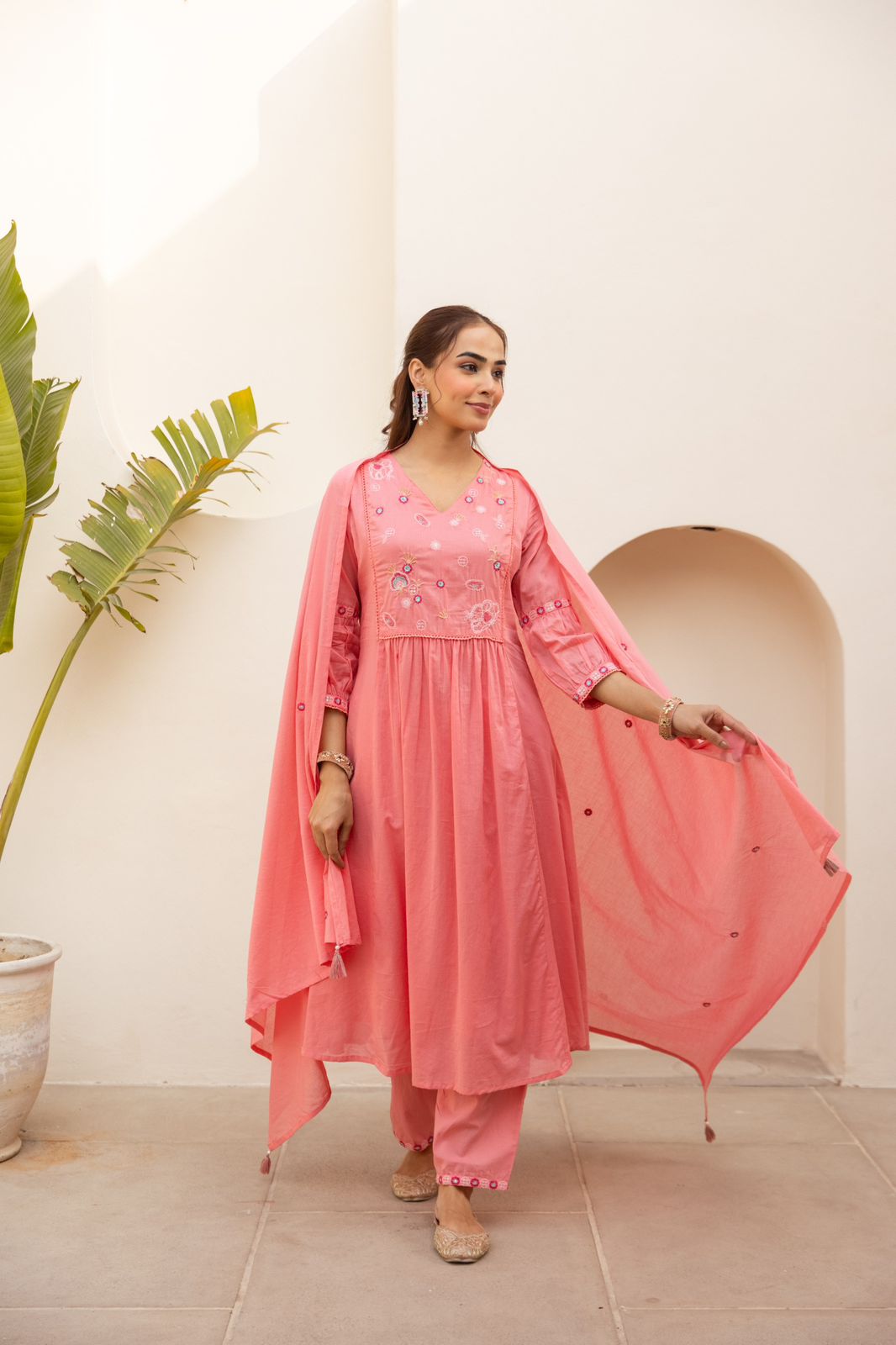 Nora Blushing Rose Embroidered Cotton Anarkali Suit Set