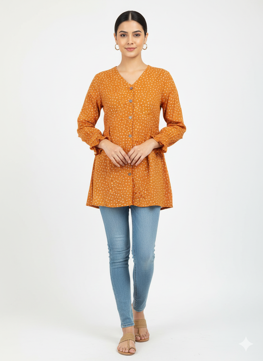 Orange short tunic brown button