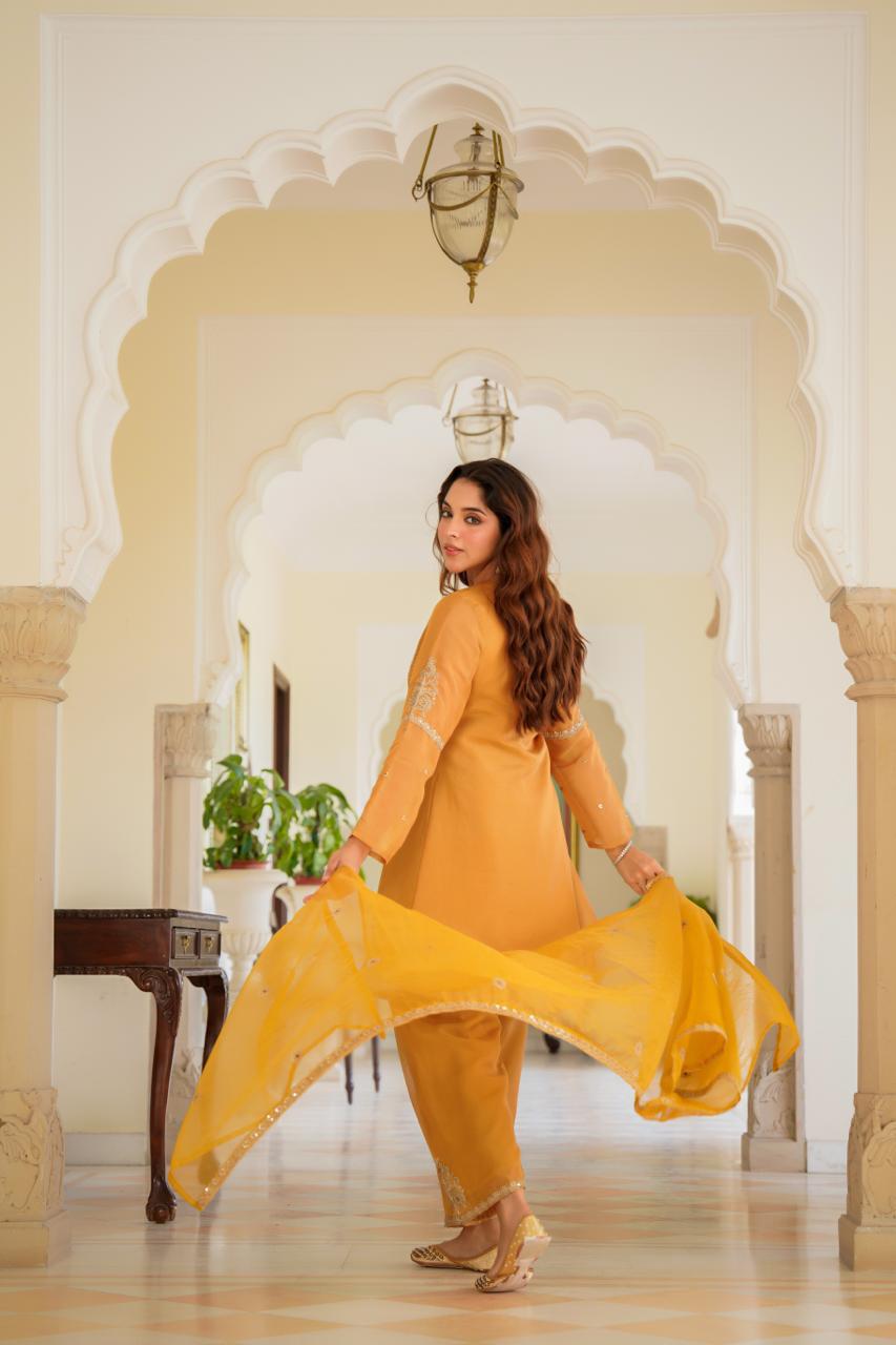Ethereal Mustard Yellow Kurta & Salwar Set with Gold Zari Work