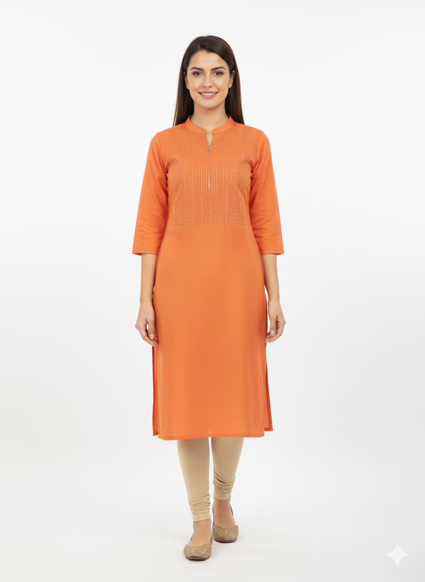 Elegant Orange Cotton Straight-Cut Kurti with Yoke Embroidery