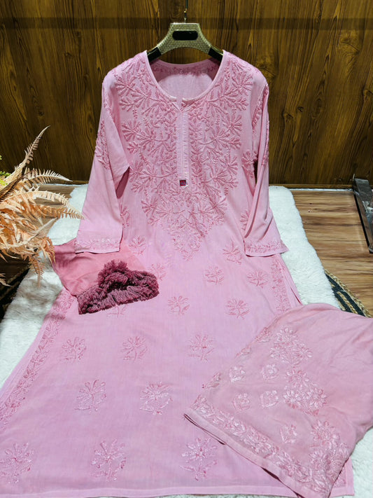 Merida Premium Handcrafted Pink Chikankari Kurta Set