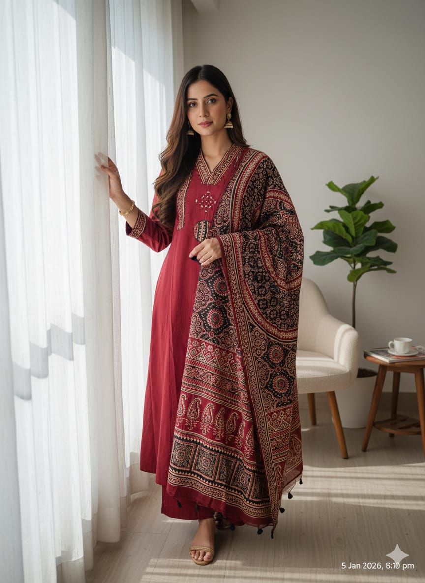 Luna Ajrakh print red 3 pcs set cotton v neck