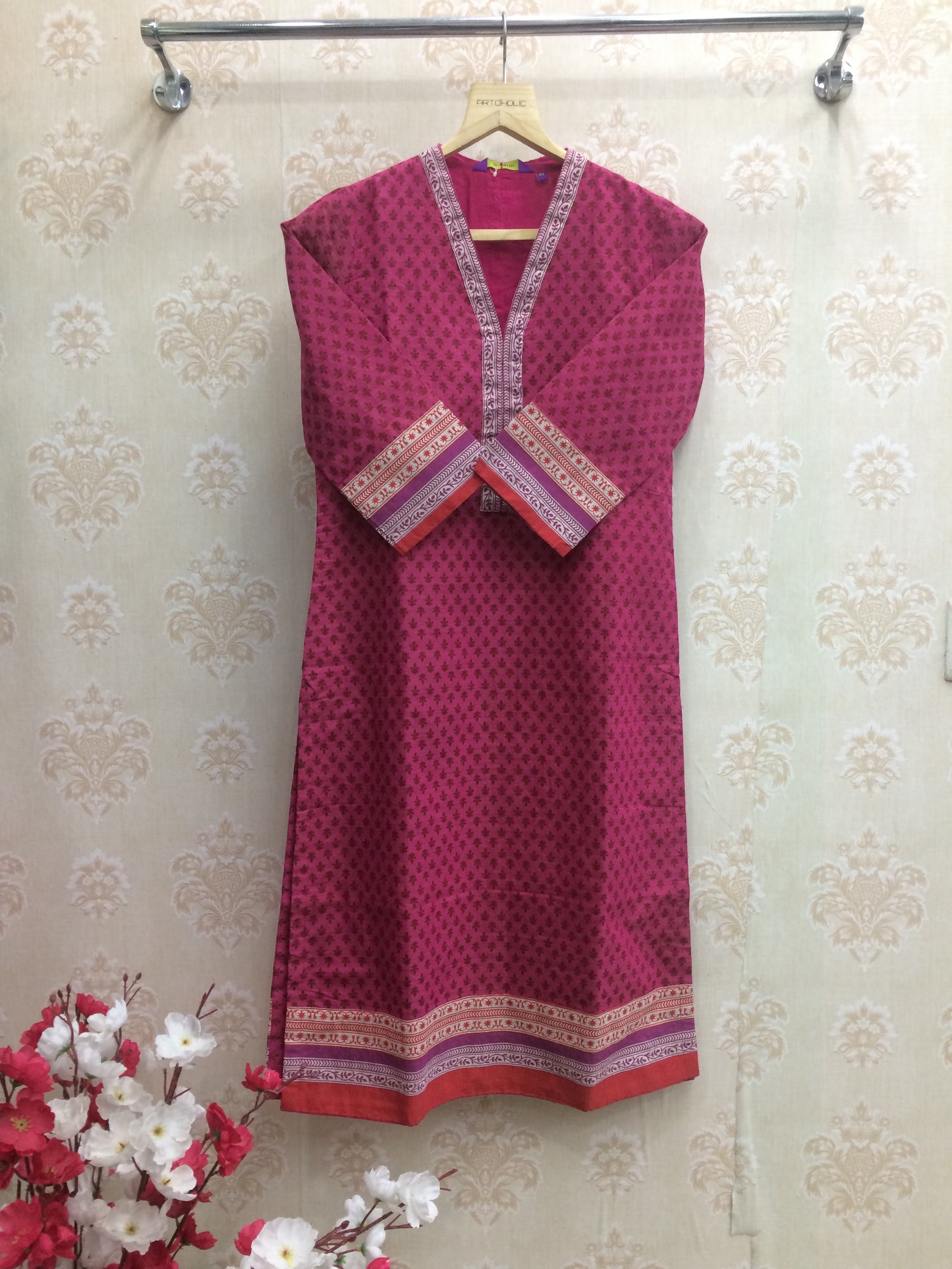 Rani Pink All-Over Block Print Cotton Kurta with Contrast Border