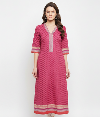 Rani Pink All-Over Block Print Cotton Kurta with Contrast Border