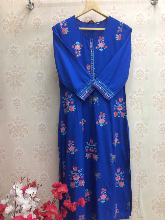 Rangriti Style Royal Blue Rayon Kurti with Floral & Animal Print