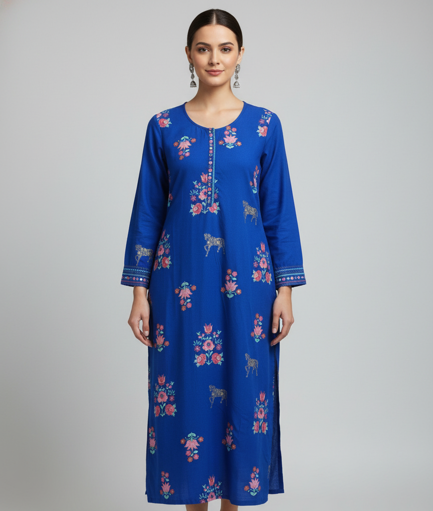 Rangriti Style Royal Blue Rayon Kurti with Floral & Animal Print