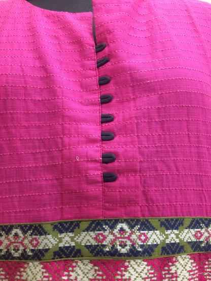 Handloom Style Cotton Kurti Ikat Inspired Print - Pink & Navy Blue