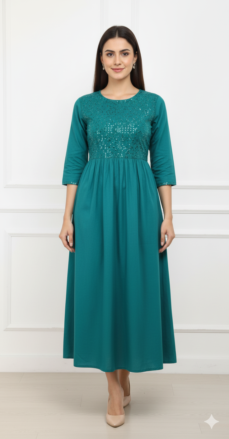 Firozi Cotton Anarkali Kurti with Yoke Work