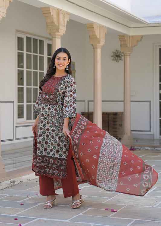 Fahima Ajrakh print cotton kurta set with dupatta
