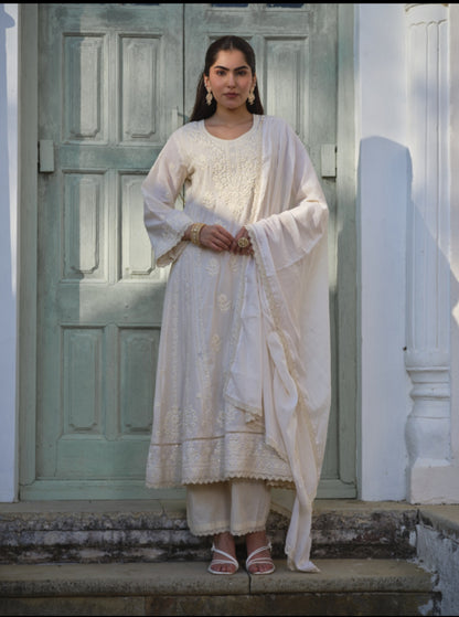 Ivory Pearl Hand-Embroidered Chikankari Anarkali Set