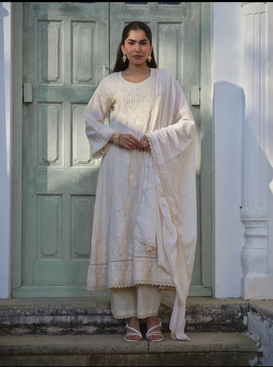 Ivory Pearl Hand-Embroidered Chikankari Anarkali Set