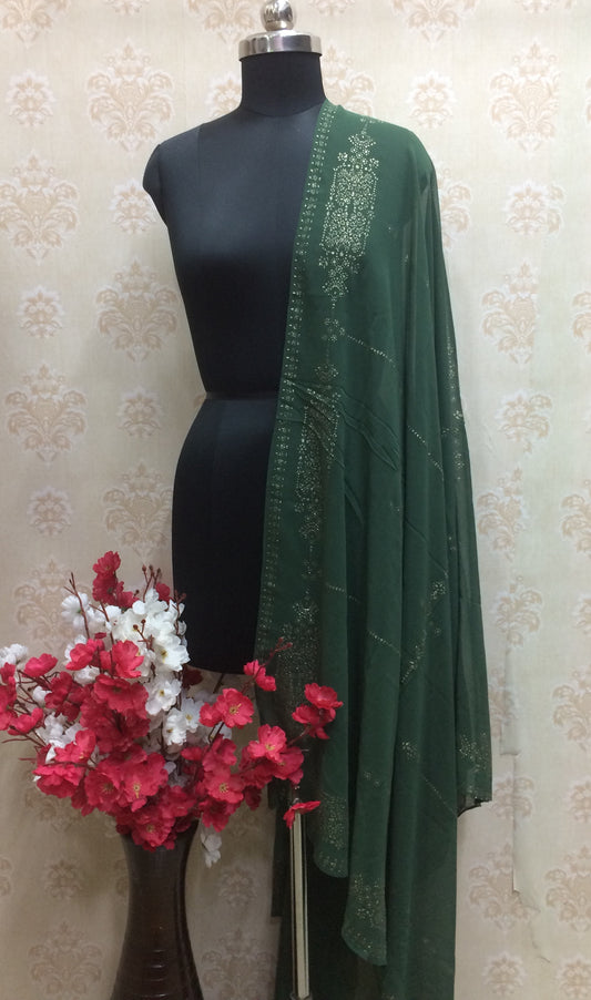 Georgette dark green dupatta with gray foil print