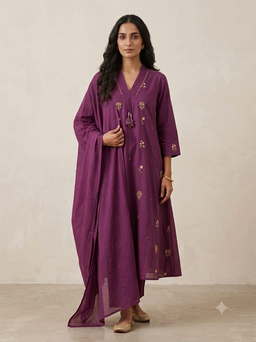 Aasiya Purple Embroidered A-Line Kurta Set