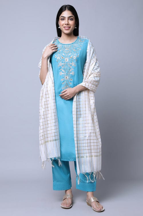 Taro Turquoise Blue Embroidered Silk Blend Suit Set with Gold Checkered Dupatta