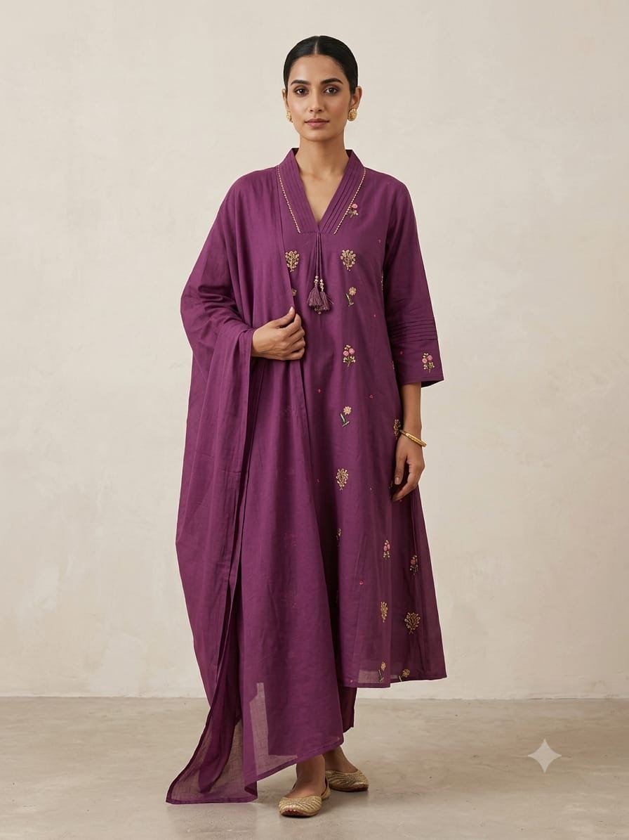 Aasiya Purple Embroidered A-Line Kurta Set