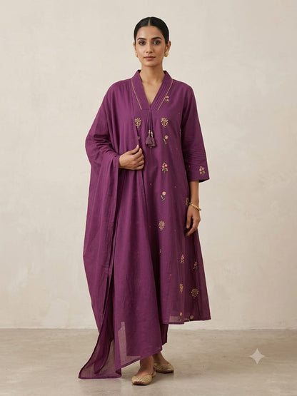 Aasiya Purple Embroidered A-Line Kurta Set