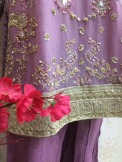 Luxury Plum Purple Heavily Embroidered Chiffon Salwar Kameez Suit with Sequin Work - Ready to Wear Designer Party Dress