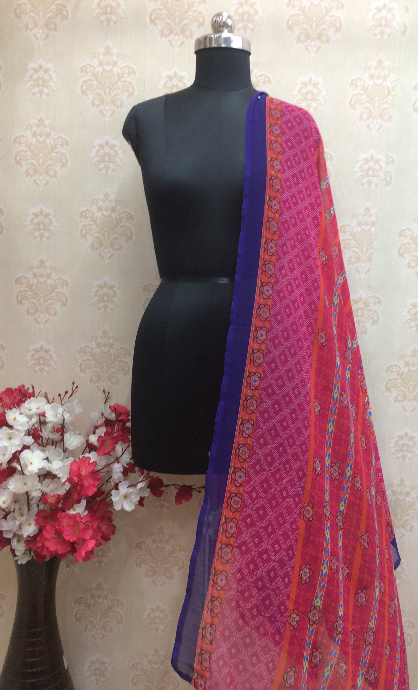 Hot Pink Leheriya Bandhani Print Chiffon Dupatta with Contrast Border