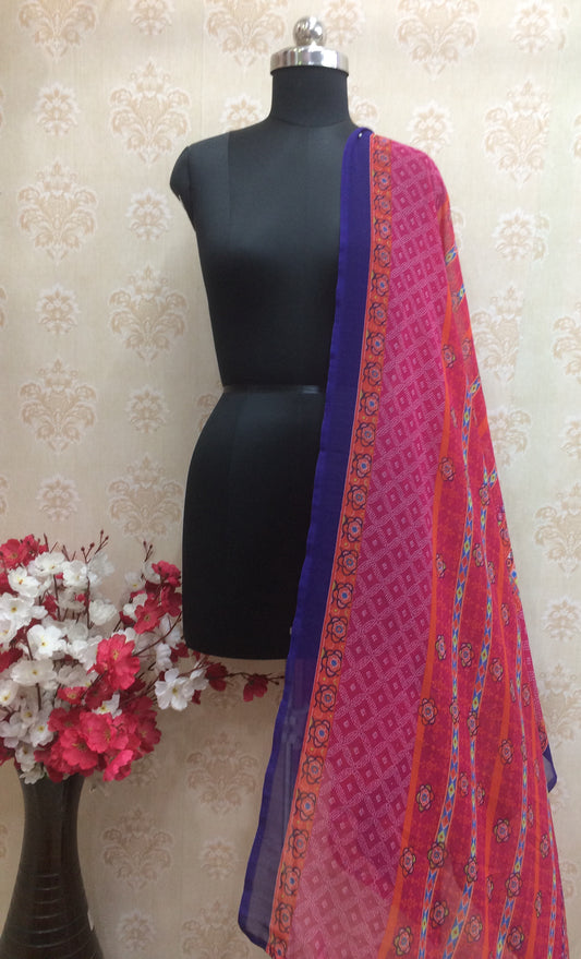 Hot Pink Leheriya Bandhani Print Chiffon Dupatta with Contrast Border