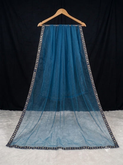 Elegant Teal Organza Dupatta with Gold and Sequin