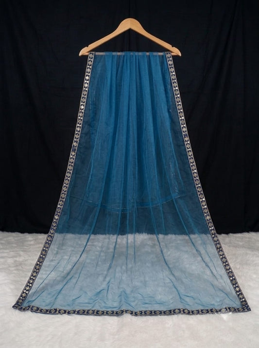 Elegant Teal Organza Dupatta with Gold and Sequin