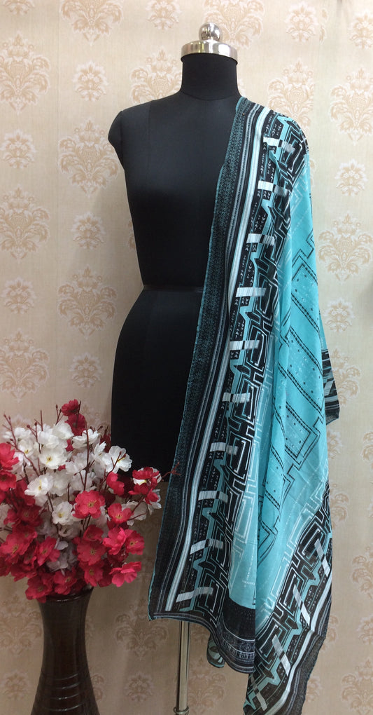 Cotton sky blue dupatta with black printed