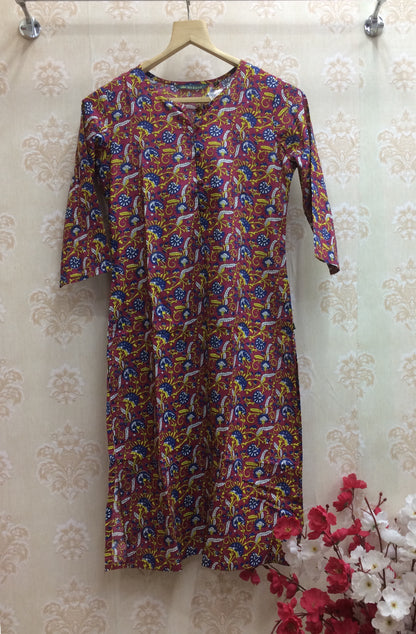 Vibrant Maroon Cotton Kurti with Traditional Floral Print