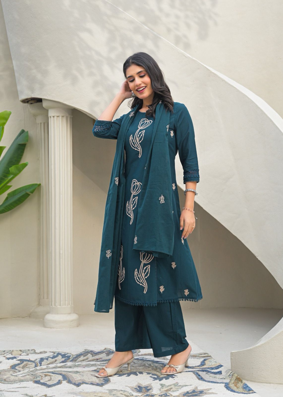 Teal Embroidered Cotton Kurta Set with Dupatta