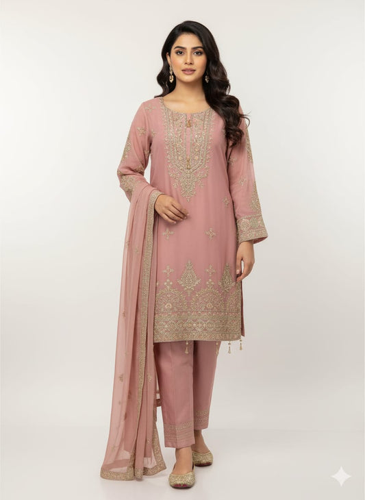 Luxury Dusty Rose Pink Embroidered Chiffon Salwar Kameez Suit - Heavy Zari Work Ready to Wear Pakistani