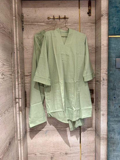 Cotton Co-ord Set - V-Neck Tunic & Wide-Leg Trousers