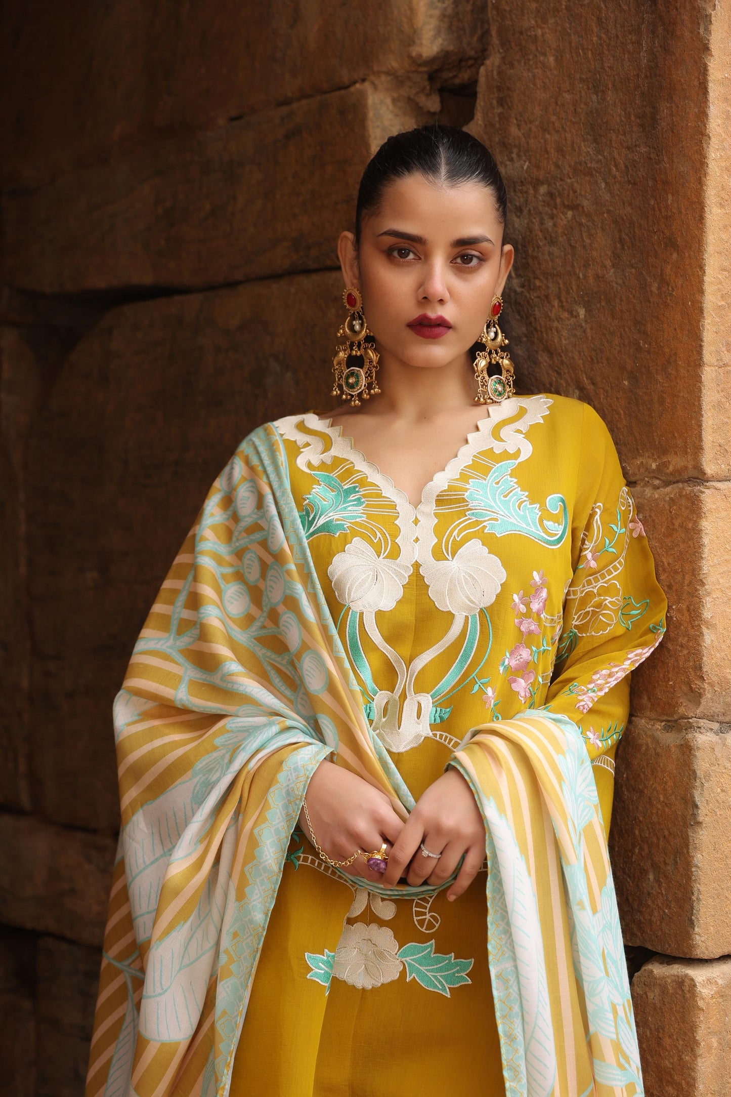 Embroidered Kurta Set with Straight Pants & Dupatta