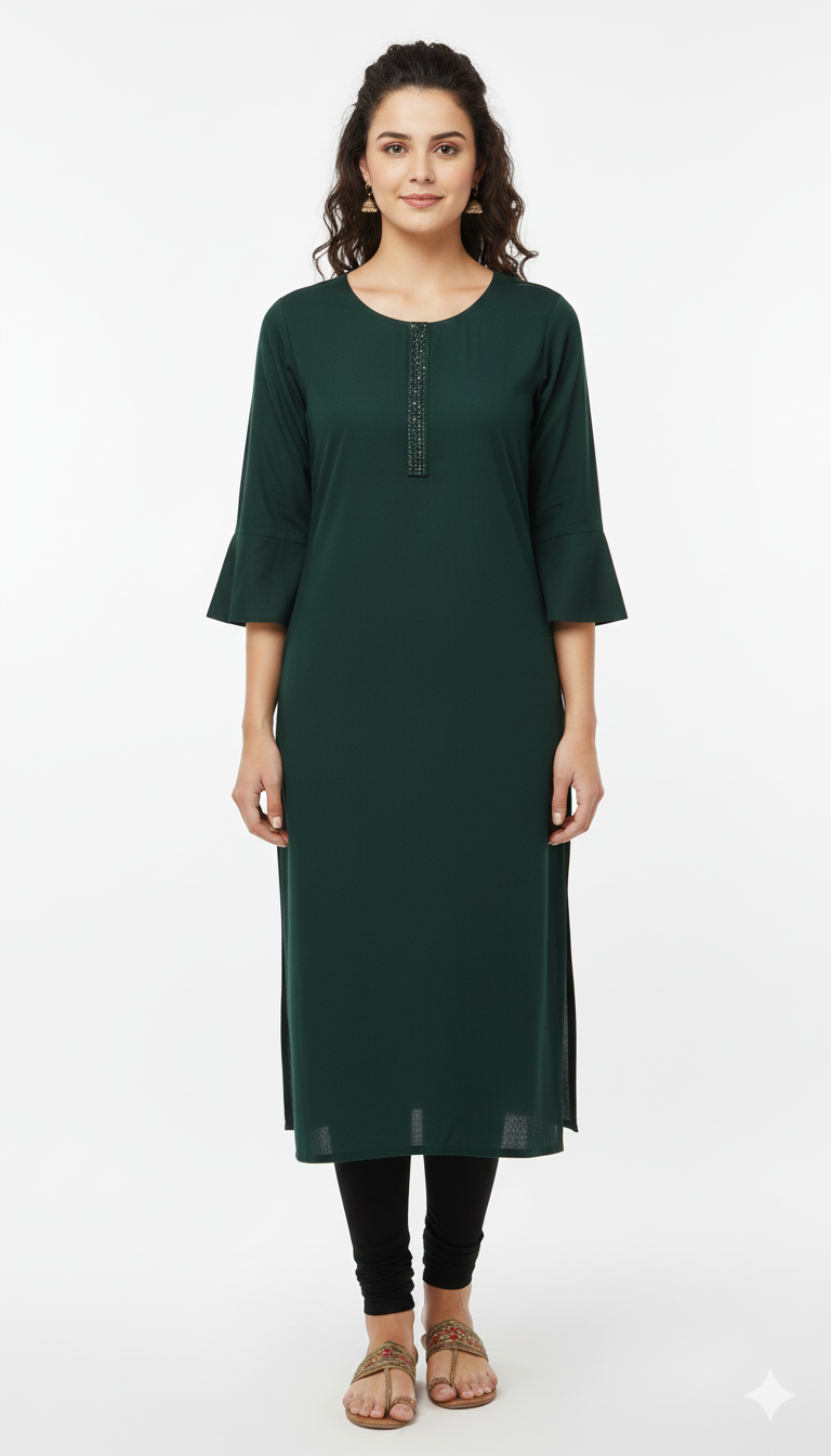 Deep Emerald Georgette Kurti with Embellished Placket