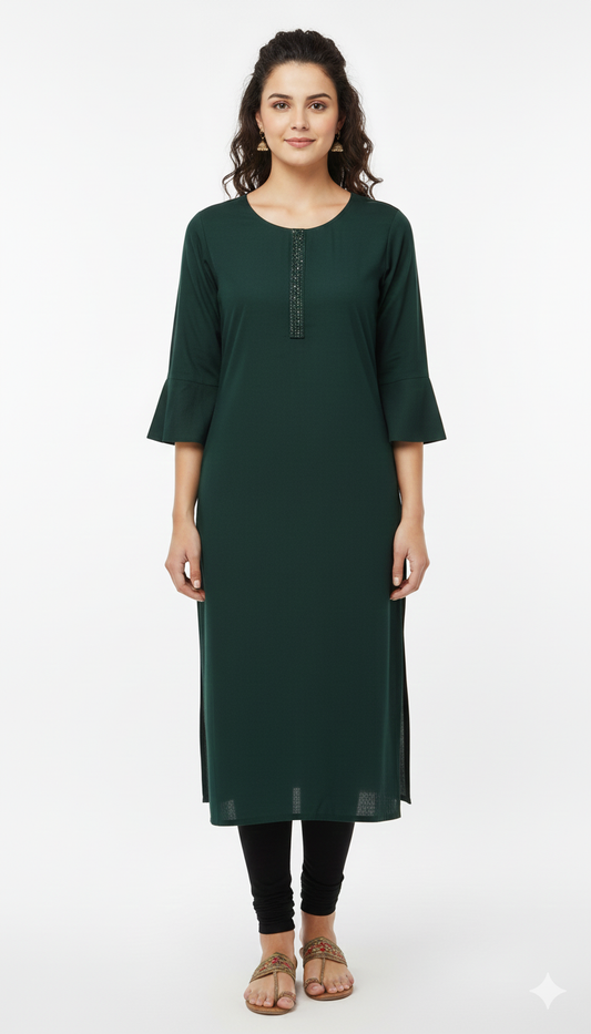 Deep Emerald Georgette Kurti with Embellished Placket