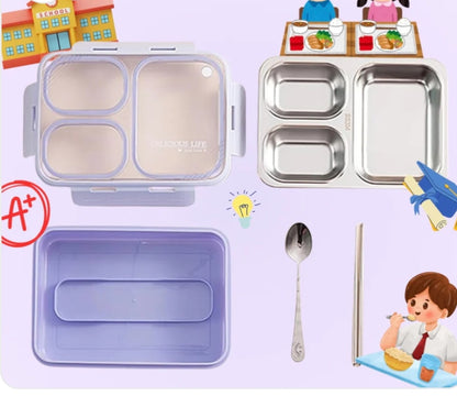 3-Compartment Stainless Steel Bento Lunch Box Set