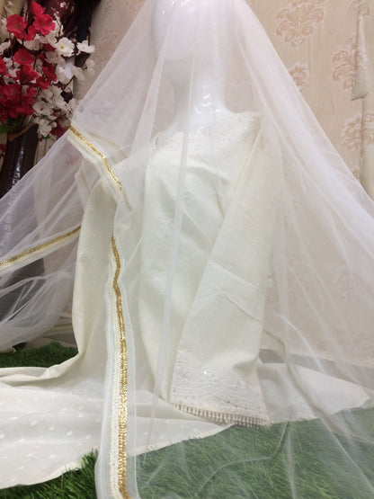 White Dupatta with Golden Lace
