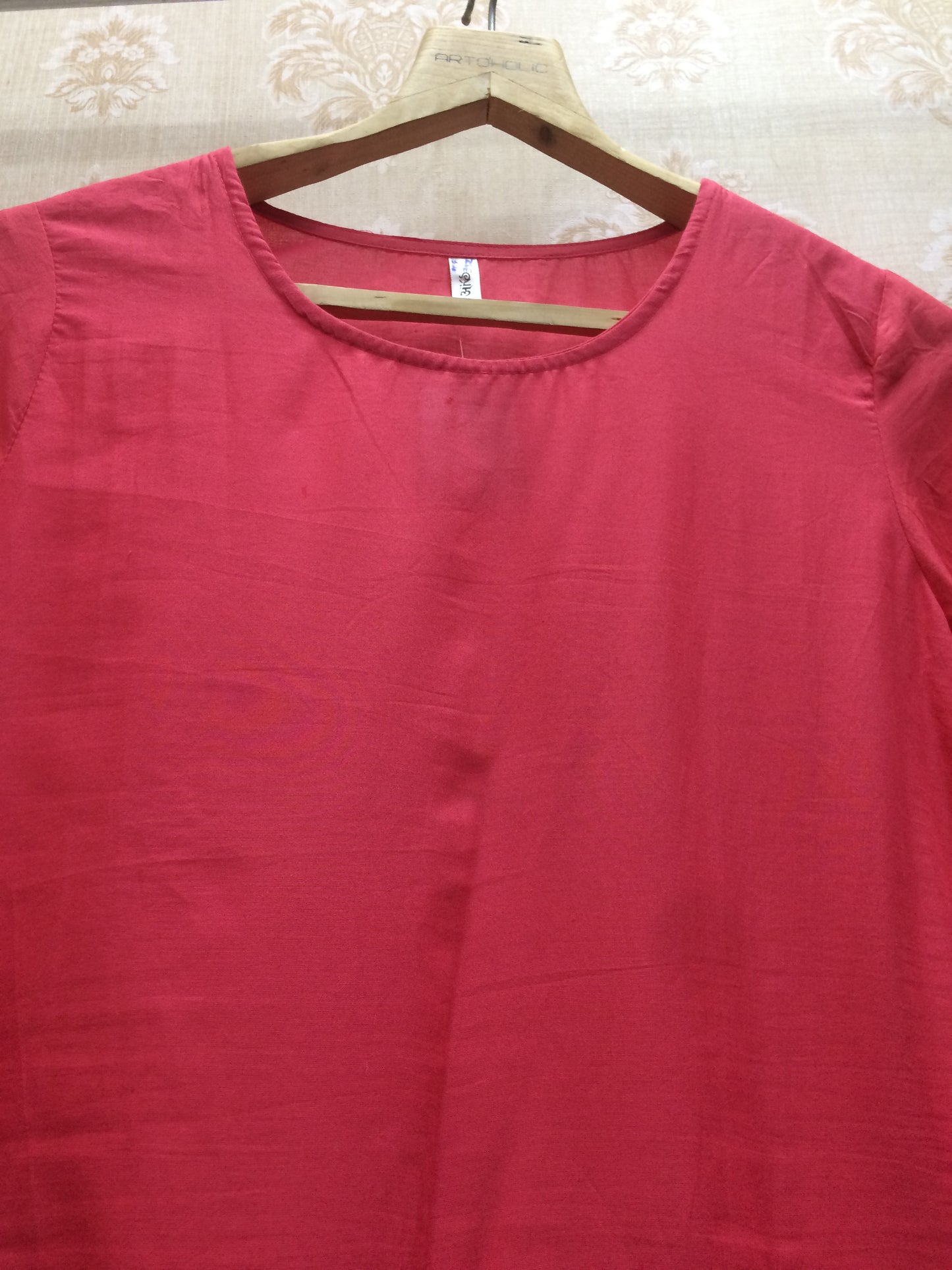 Bright Coral Cotton Kurti with Gold Bandhani Print