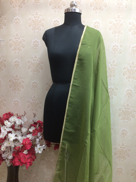 Classic Olive Green Chiffon Dupatta with Delicate Gold Border