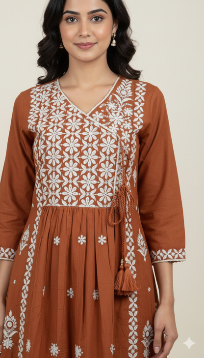 Earthy Rust Anarkali Set with Floral Embroidery